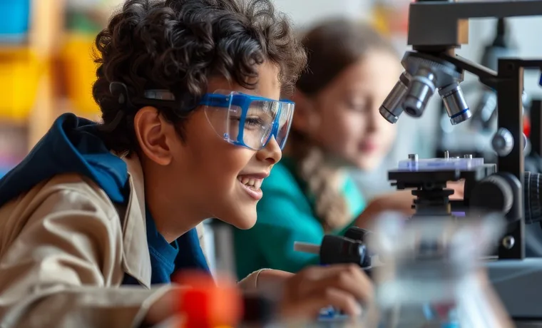 A middle school student in safety goggles looking through a microscope