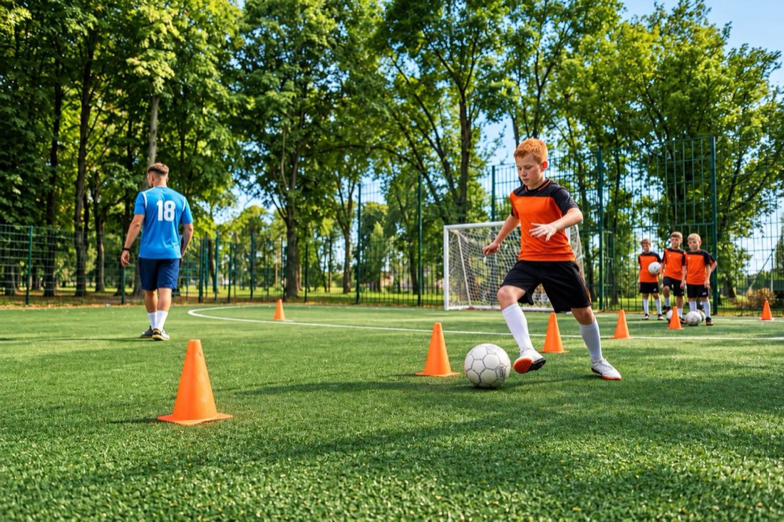 A camper dribbling a soccer ball around cones during a sports drill